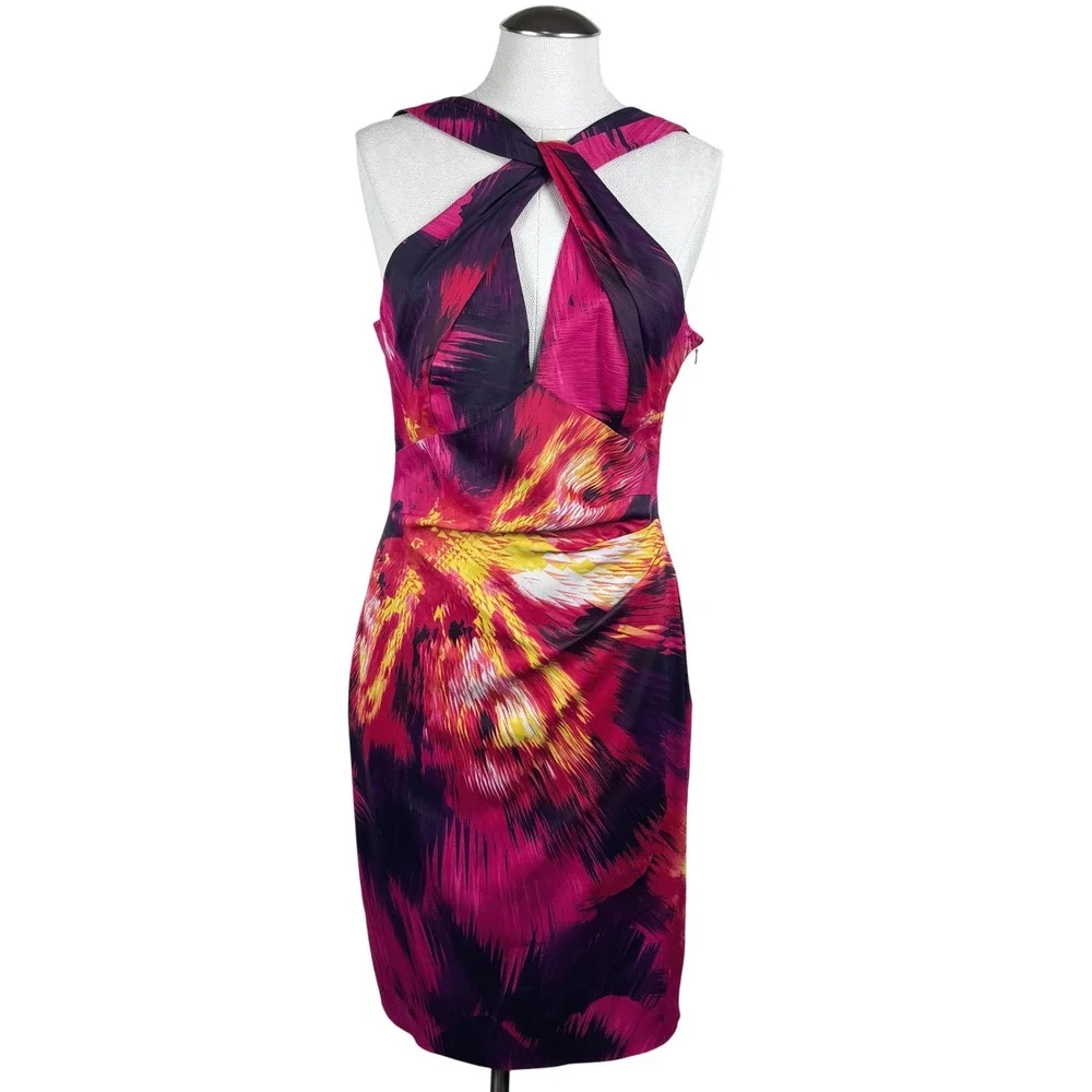 Karen Millen Women's Abstract Print Crisscross‎ Halter Neck Sheath Dress Size 10